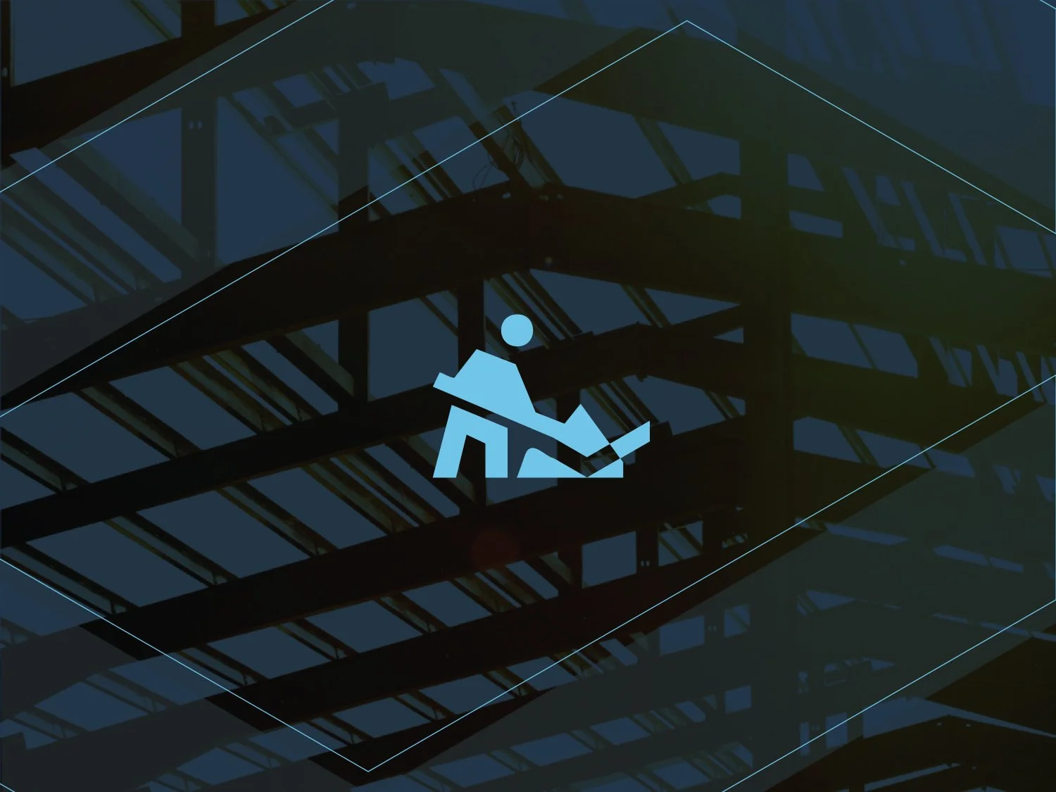 Construction worker icon in a digital art setting with building framework silhouette.