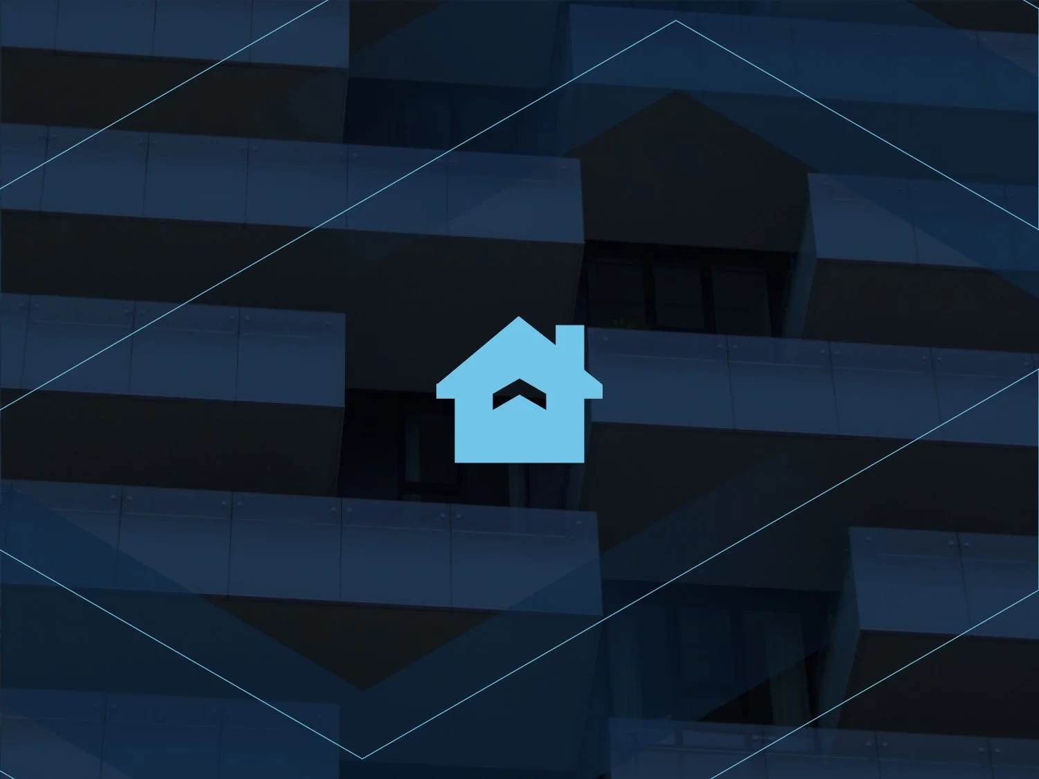 Blue house icon overlaid on a dark background with geometric patterns and building shapes.