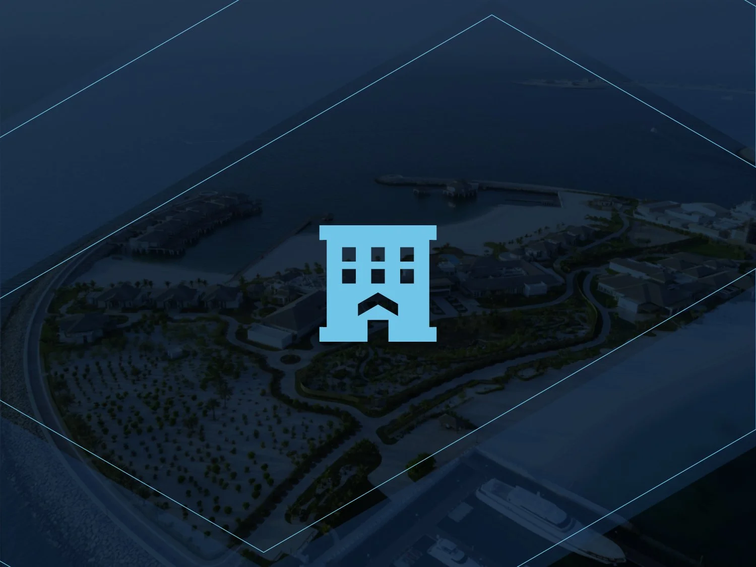 Blue building icon over aerial view of peninsula with beach and greenery