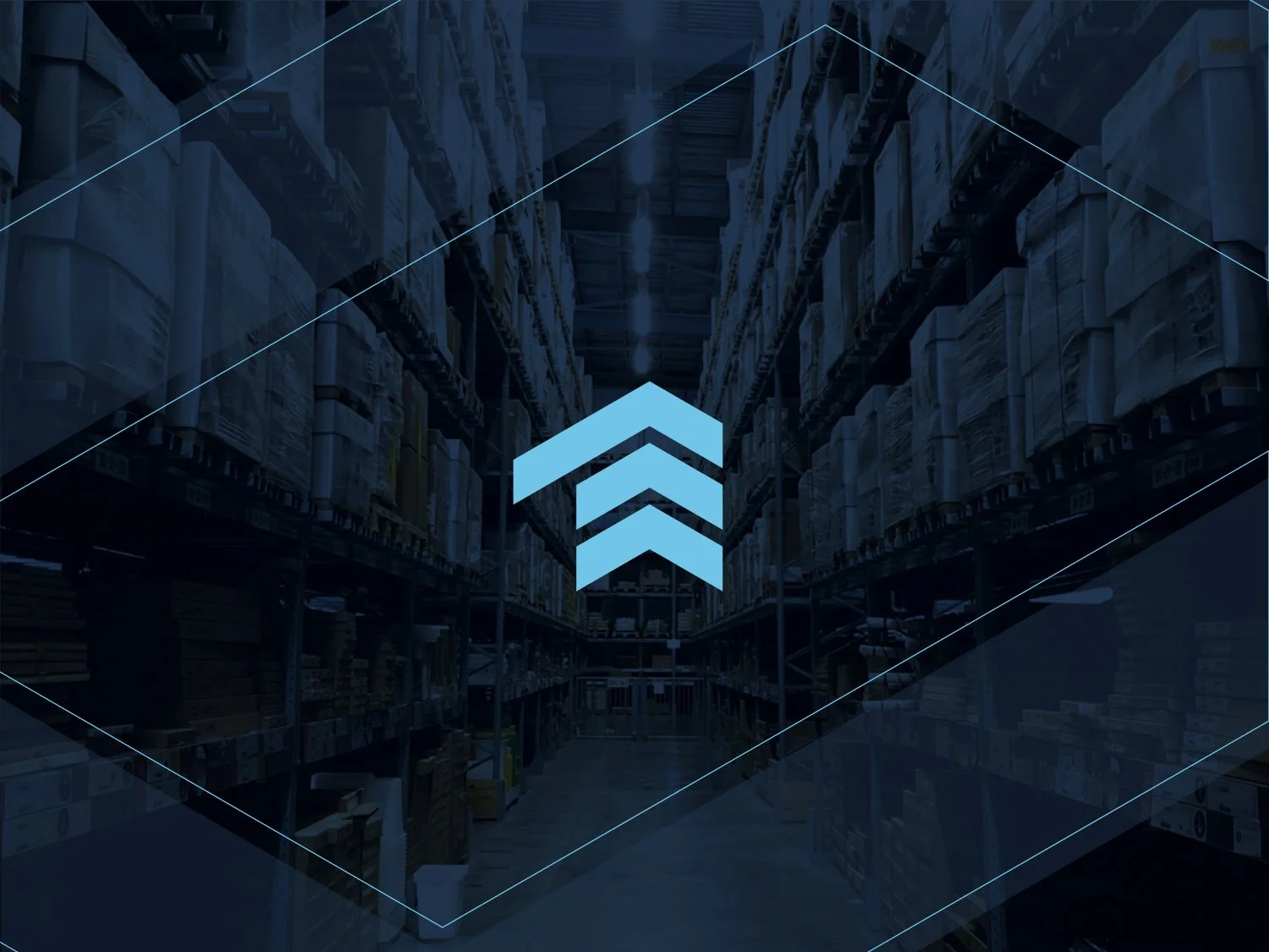 Interior of a warehouse with high shelves filled with boxes, overlaid with a translucent blue graphic containing three upward-facing arrows.