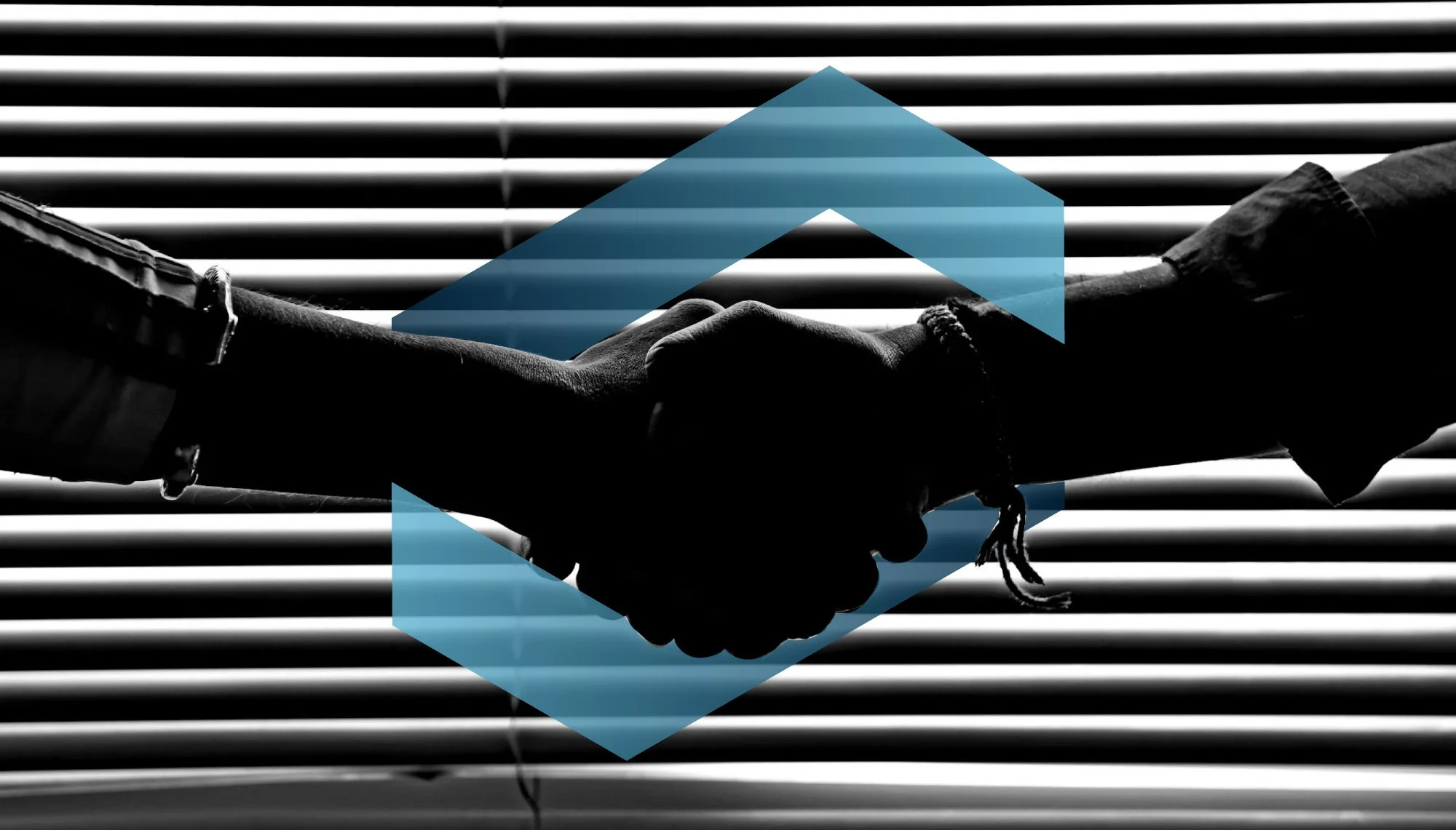 Silhouette of a handshake against a striped background with a blue geometric overlay.