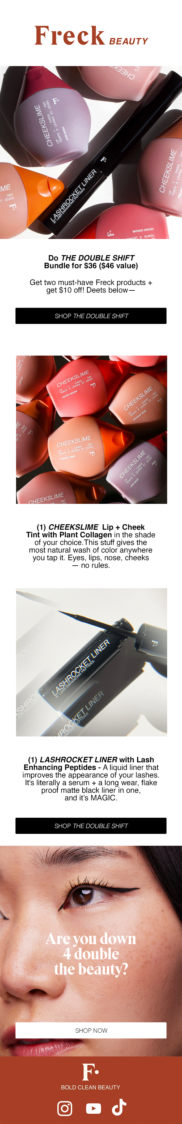 Email for Freck Beauty with makeup products including CheeksLime blushes in various shades, LashRocket Liner with Lash Enhancing Peptides, and a close-up of a woman with makeup. Offers bundle deal on products.