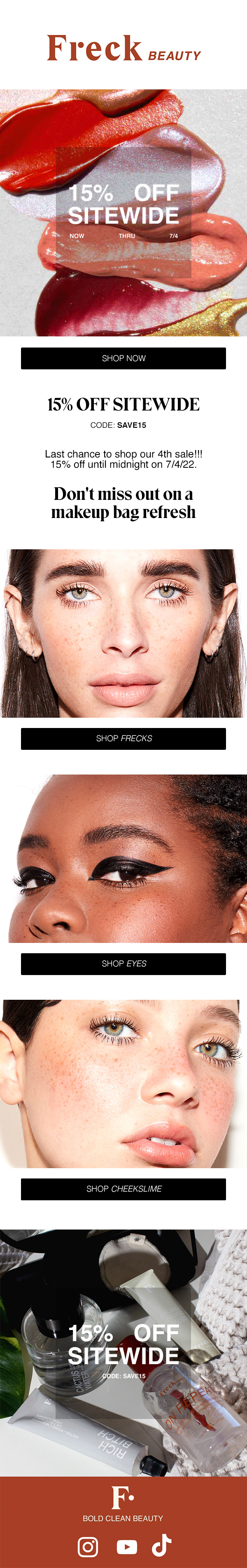 Promotional Instagram story ad for Freck Beauty featuring makeup swatches, models with freckles and makeup products, and a 15% sitewide discount code.