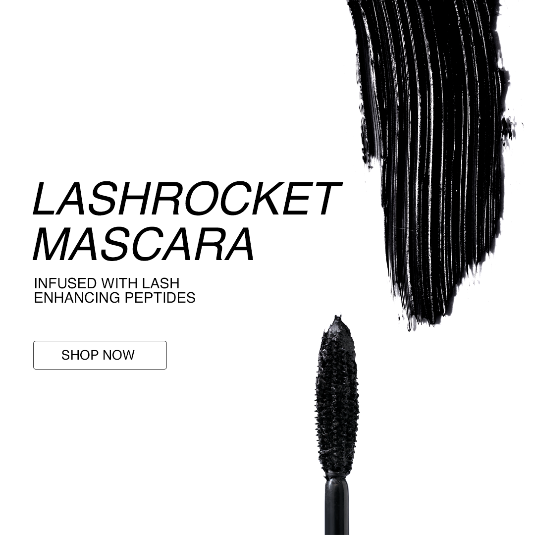 Black mascara wand with ink stroke on white background and text promoting LashRocket mascara with peptides.