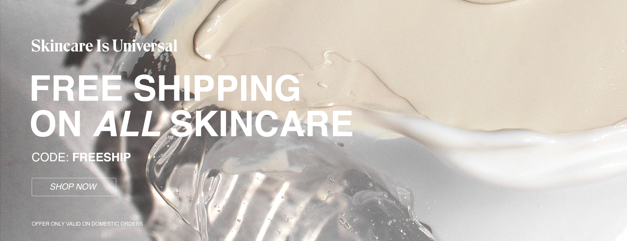Cream being poured into a glass container with promotional text about free shipping on skincare products.