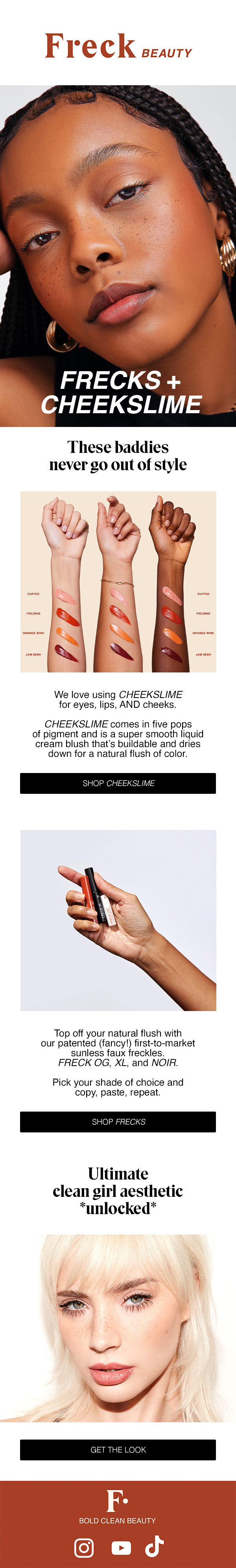 An advertisement for Freck Beauty featuring a woman with natural freckles and braided hair at the top, showcasing the Frecks + Cheekslime makeup products and swatches on arms, with close-up of a hand holding a lipstick and a model with platinum blonde hair at the bottom.