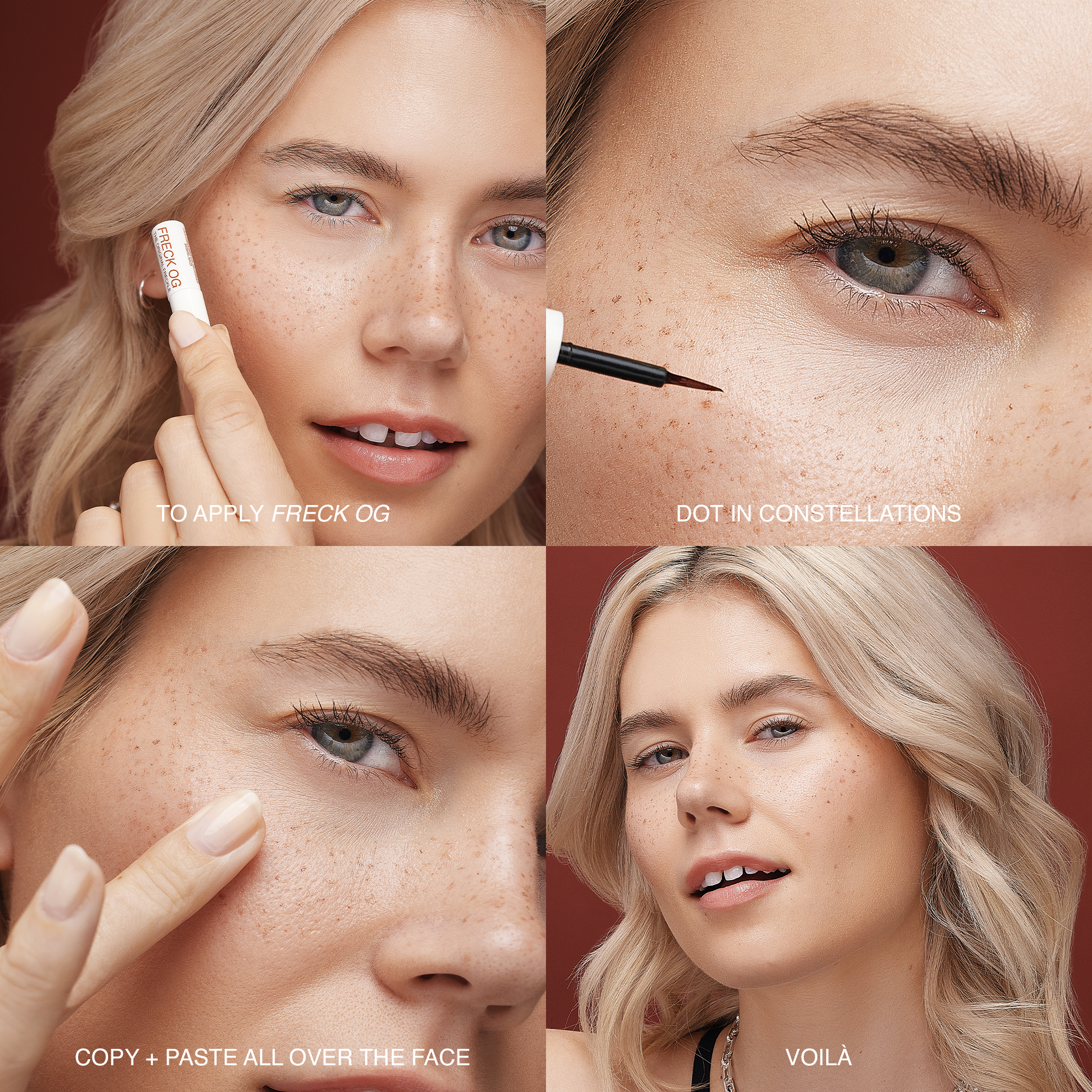 Close-up image of a woman's face in four quadrants demonstrating freckle makeup application. Top left shows model with product, top right is dotted application, bottom left is copy + pasting with finger, bottom right shows complete look.