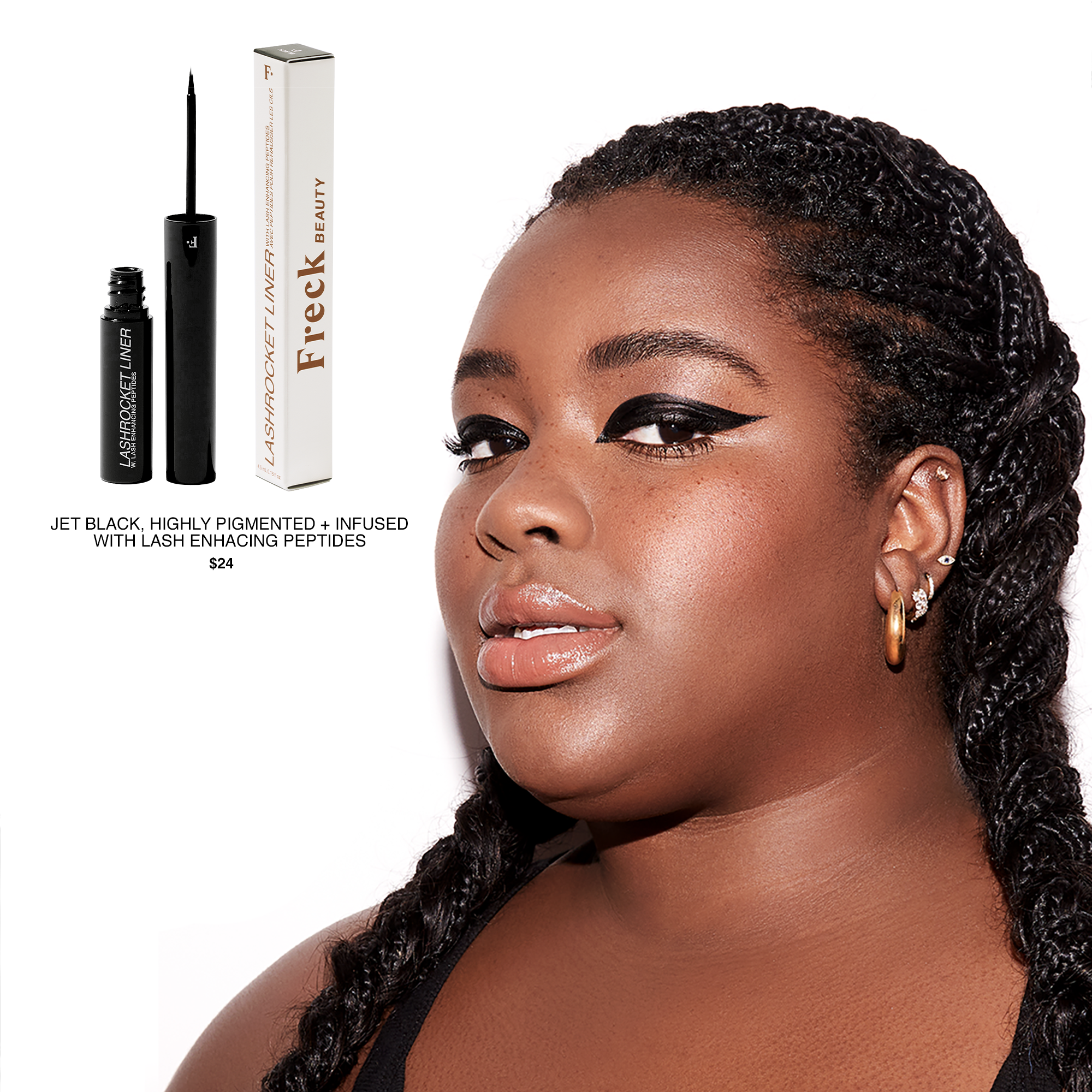 A woman with dark, braided hair and gold hoop earrings, showcasing makeup with winged eyeliner and shiny lips, alongside beauty products including lash enhancing peptides