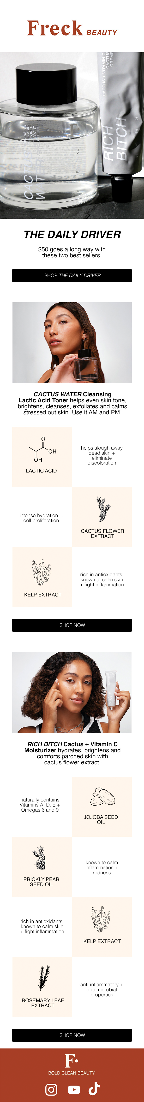 An advertisement showcasing skincare products from Freck Beauty, featuring a facial toner, a moisturizer, and various natural ingredients like cactus flower extract, kelp extract, jojoba seed oil, prickly pear seed oil, and rosemary leaf extract, with images of models and product packaging.