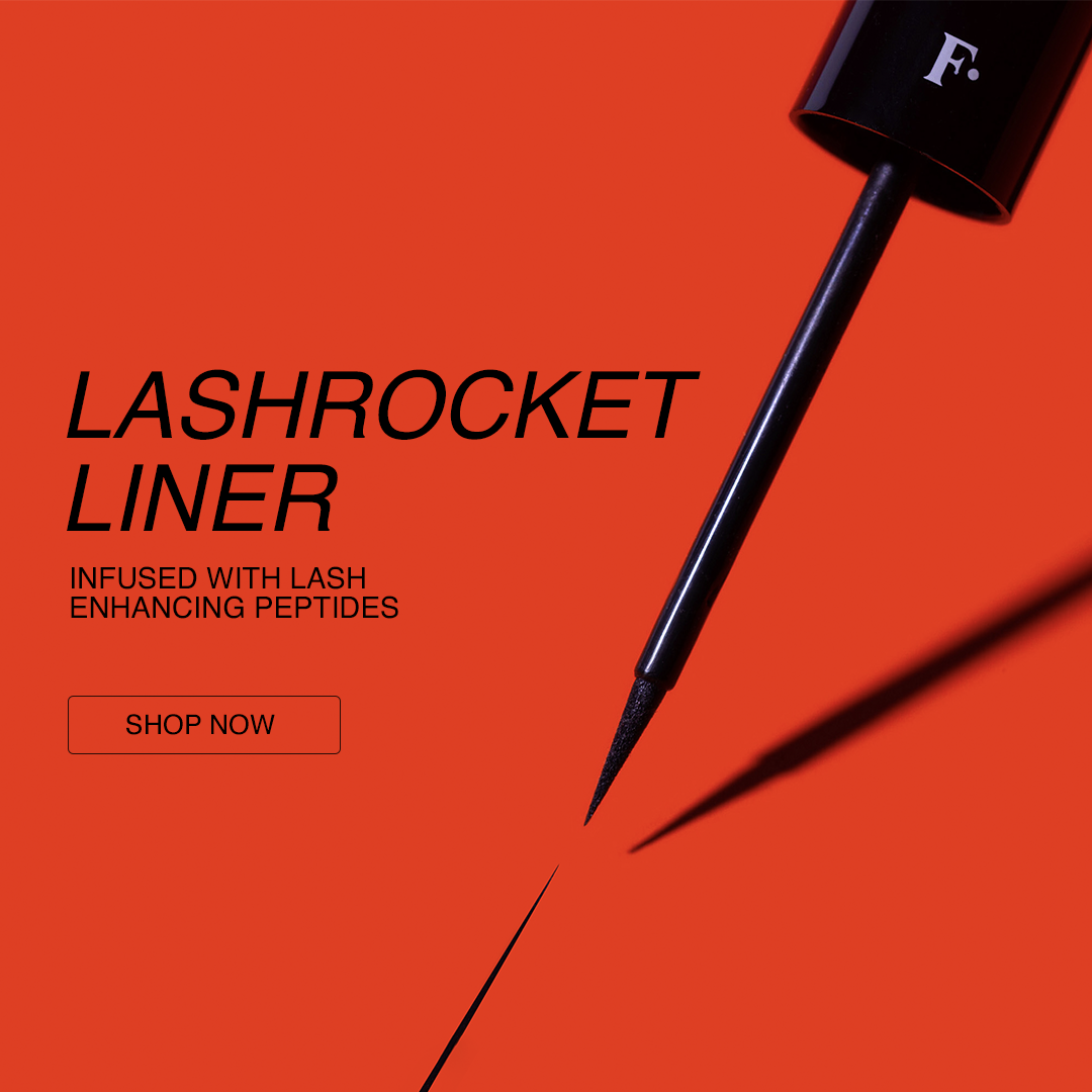 Bottle of lash liner with a brush and a black shadow on a red background, promotional makeup product advertisement.