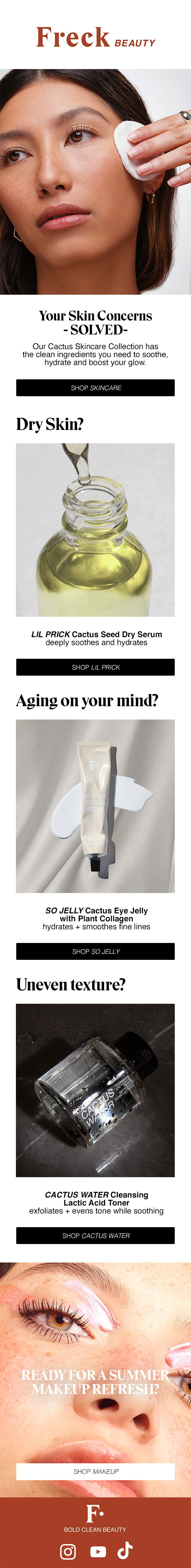 A skincare email featuring a woman using a cotton pad on her face, promoting Freck Beauty products for skin concerns including dry skin, aging, uneven texture, and summer makeup refresh.
