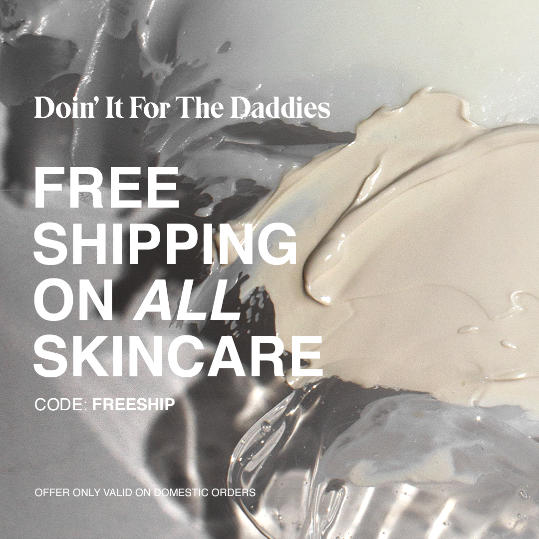 Advertisement for skincare products offering free shipping with code FREESHIP, over a background of skincare creams or lotions in metallic and beige containers.