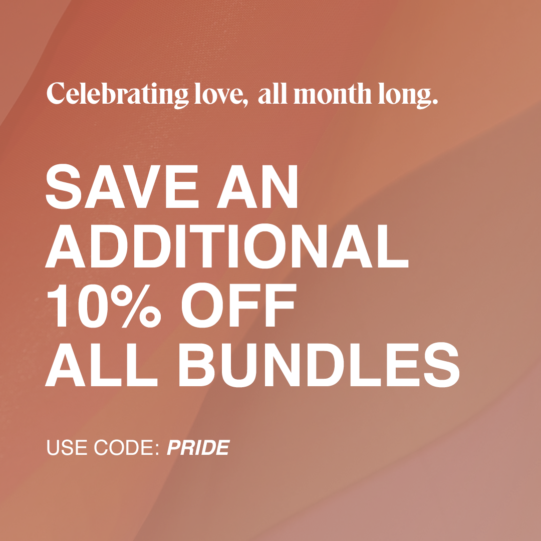 A promotional graphic with a warm, gradient background announcing a sale with 10% off all bundles, celebrating love all month long, and providing a use code: PRIDE.