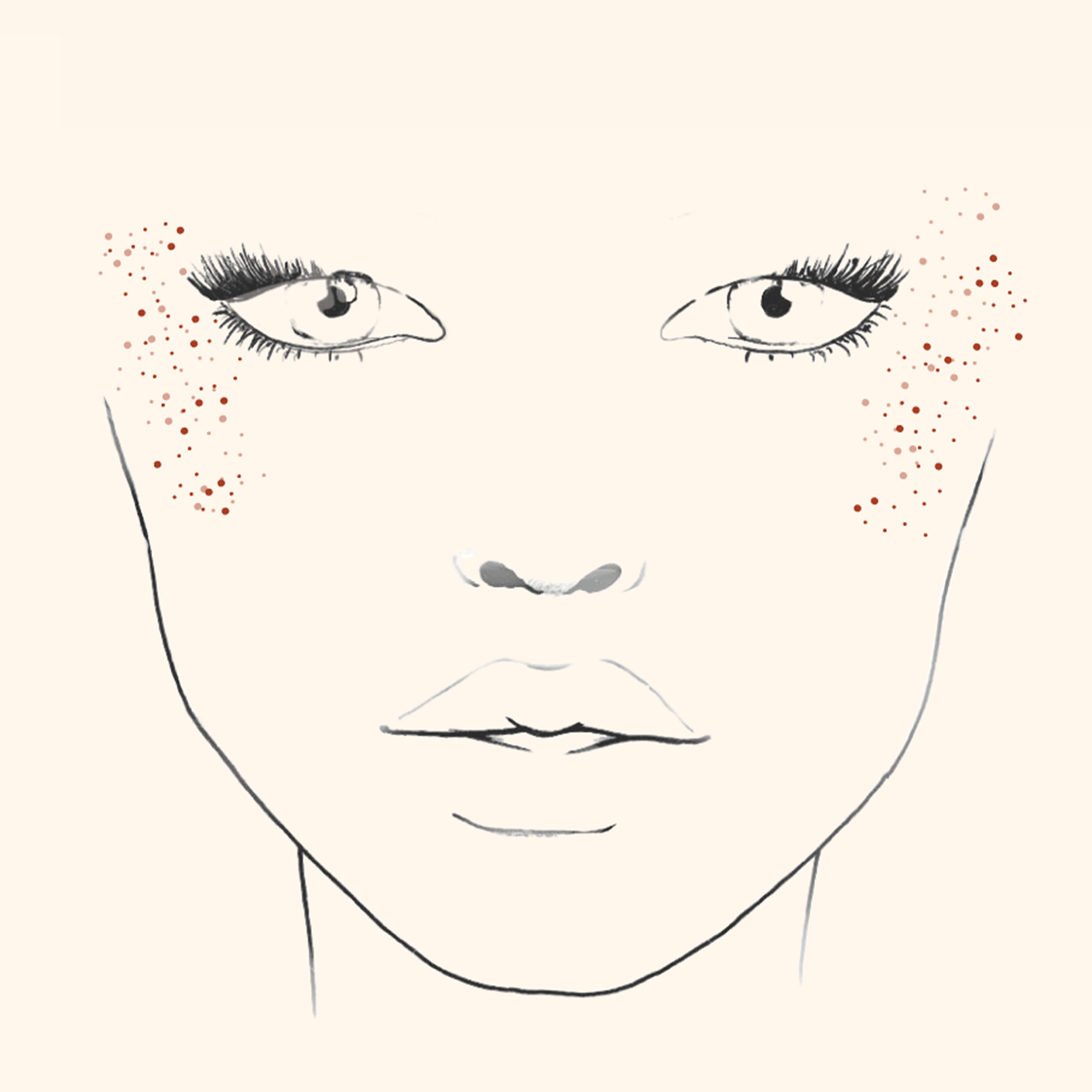 A minimalistic black and white line drawing of a person's face with closed eyes, prominent eyelashes, and freckles on both cheeks, with a soft beige background and subtle red-brown freckles. GIF changes showing different freckle applications.