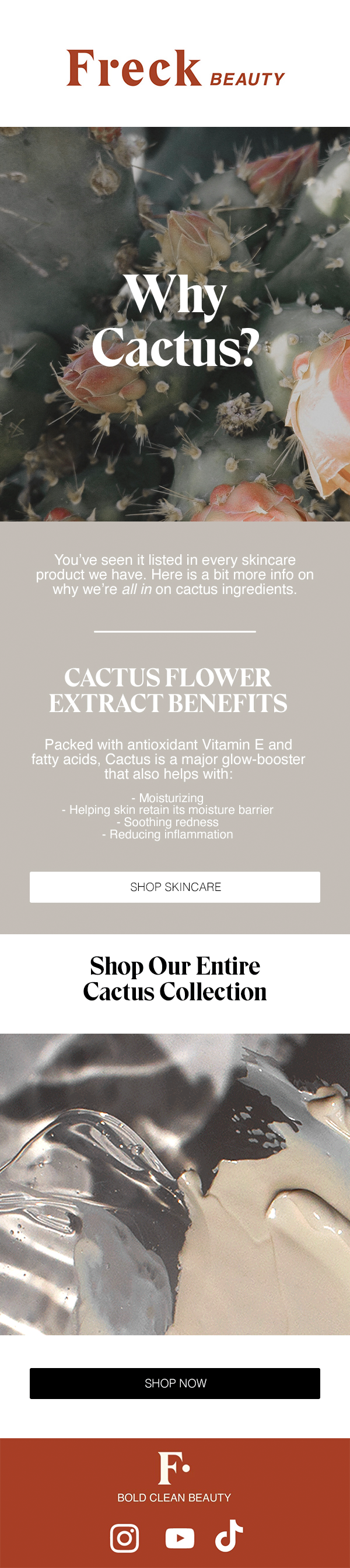 An email for Freck Beauty promoting the benefits of cactus flower in skincare products, featuring images of cactus plants and skincare products, with call-to-action buttons for shopping.
