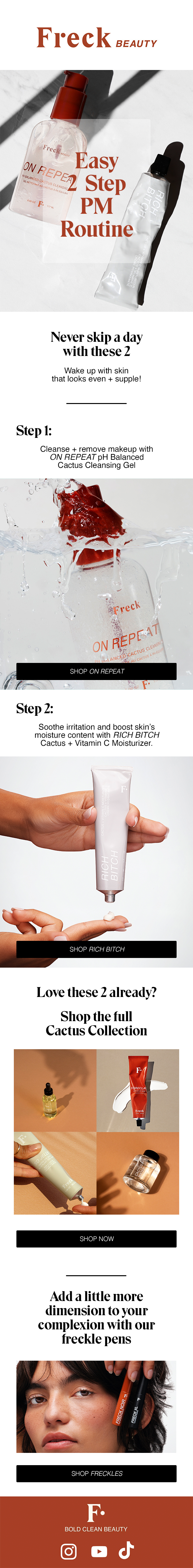 An email for Freck Beauty skincare products featuring a cleansing gel and moisturizer, with images of additional products and a person holding a freckle pen.