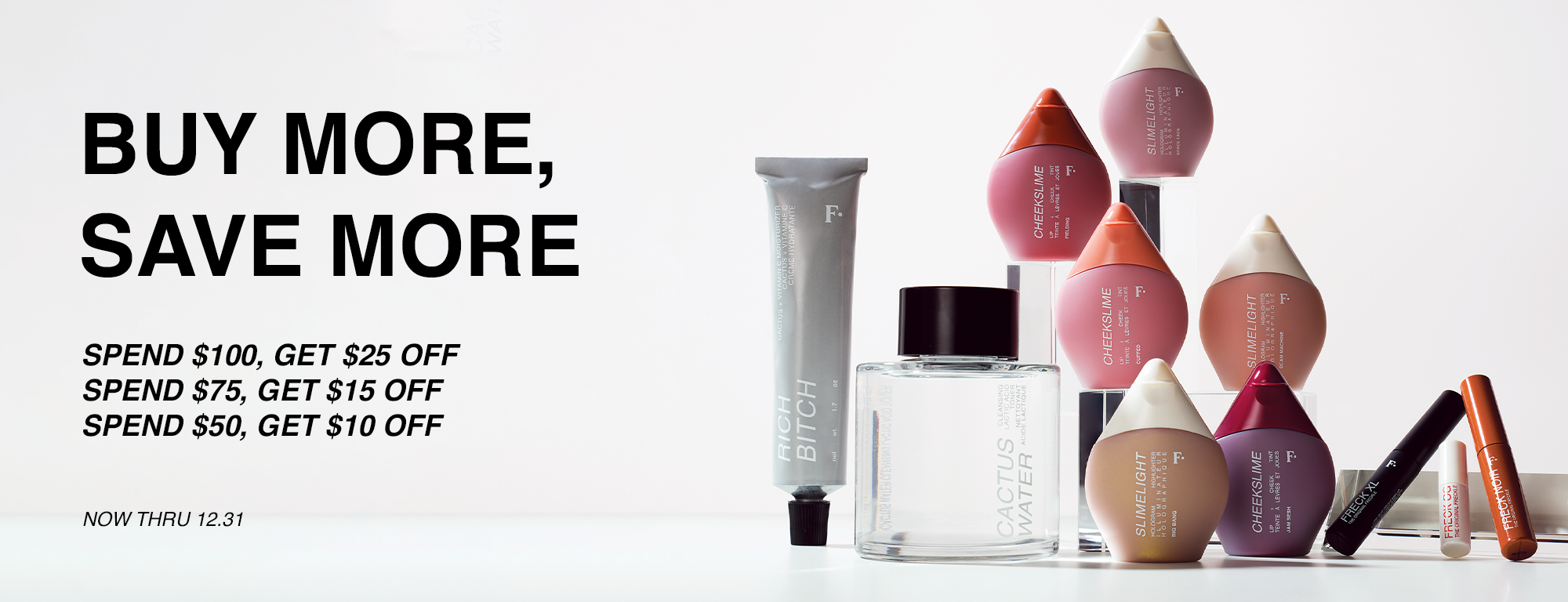 Advertisement featuring various skin care and cosmetic products, with promotional text offering discounts for spending thresholds, set against a clean, white background.