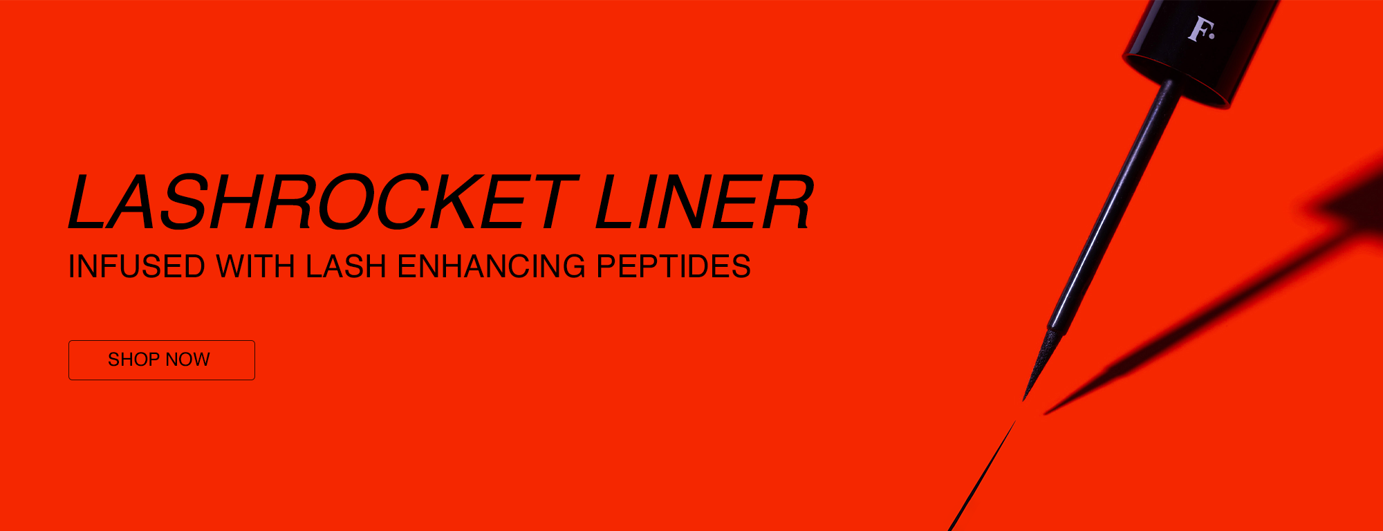 Advertisement for Lashrocket Liner, a lash enhancing product infused with peptides. The background is red with black text and a close-up of a black nail polish brush with a drop of black liquid.