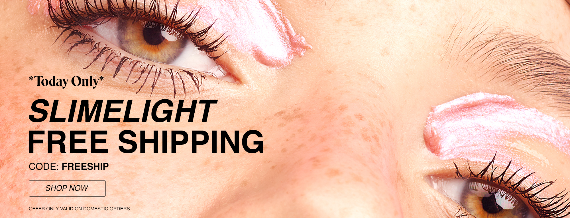 Close-up of two eyes with a makeup product on the nose and cheek, promotional text about a skincare sale with free shipping, discount code, and shop button.