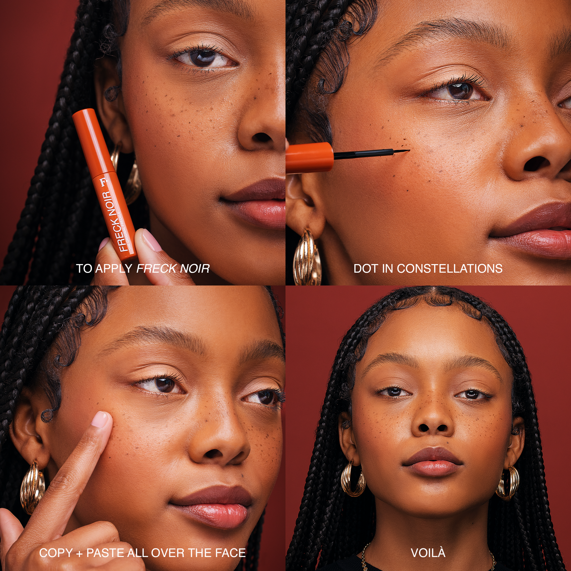 Close-up image of a woman's face in four quadrants demonstrating freckle makeup application. Top left shows model with product, top right is dotted application, bottom left is copy + pasting with finger, bottom right shows complete look.