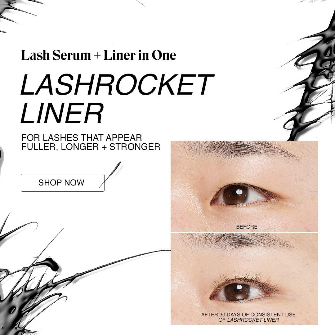 Advertisement for Lashrocket Liner, showing a before and after image of an eye with improved lash appearance after 30 days of use, with bold text highlighting the product as a combined lash serum and liner.