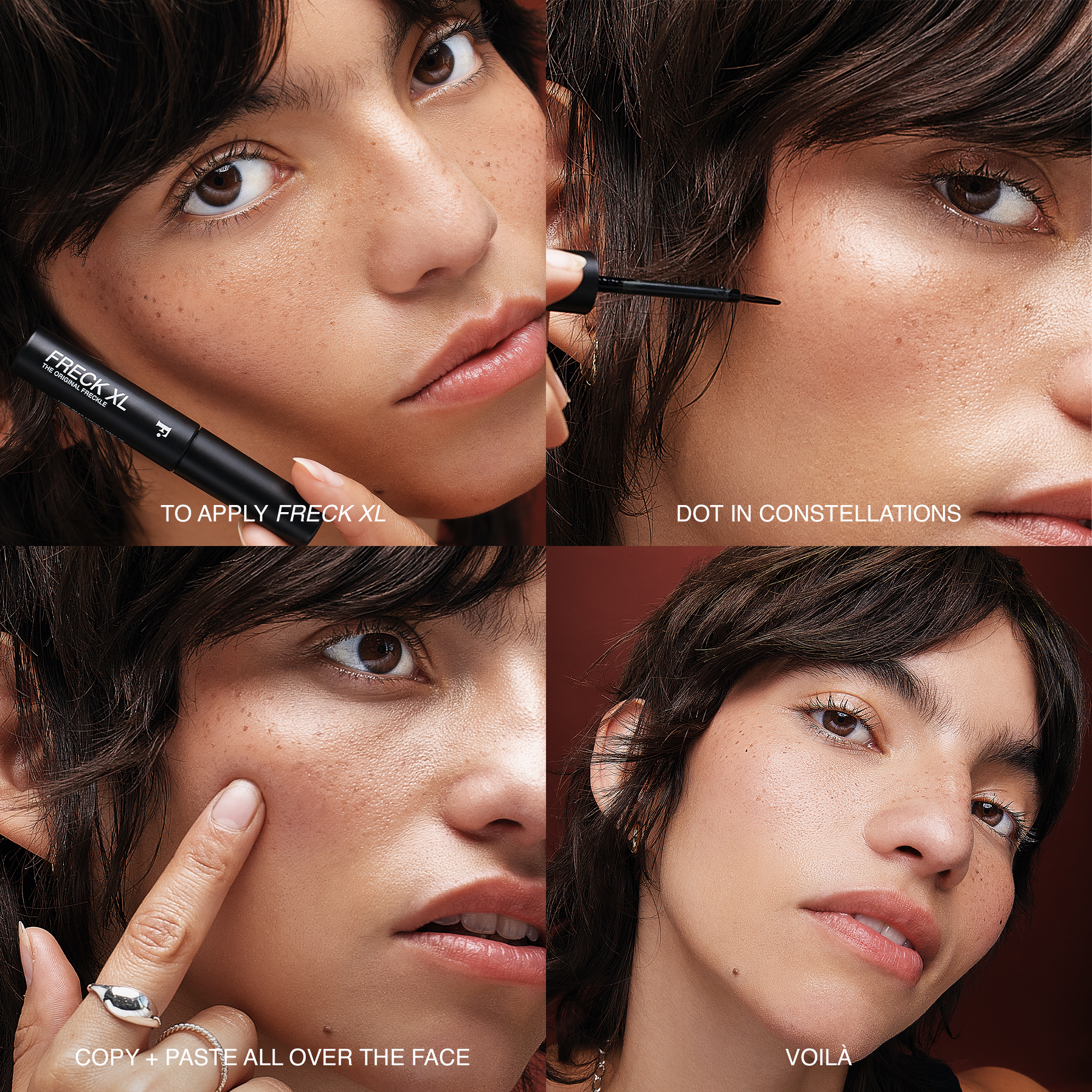 Close-up image of a woman's face in four quadrants demonstrating freckle makeup application. Top left shows model with product, top right is dotted application, bottom left is copy + pasting with finger, bottom right shows complete look.