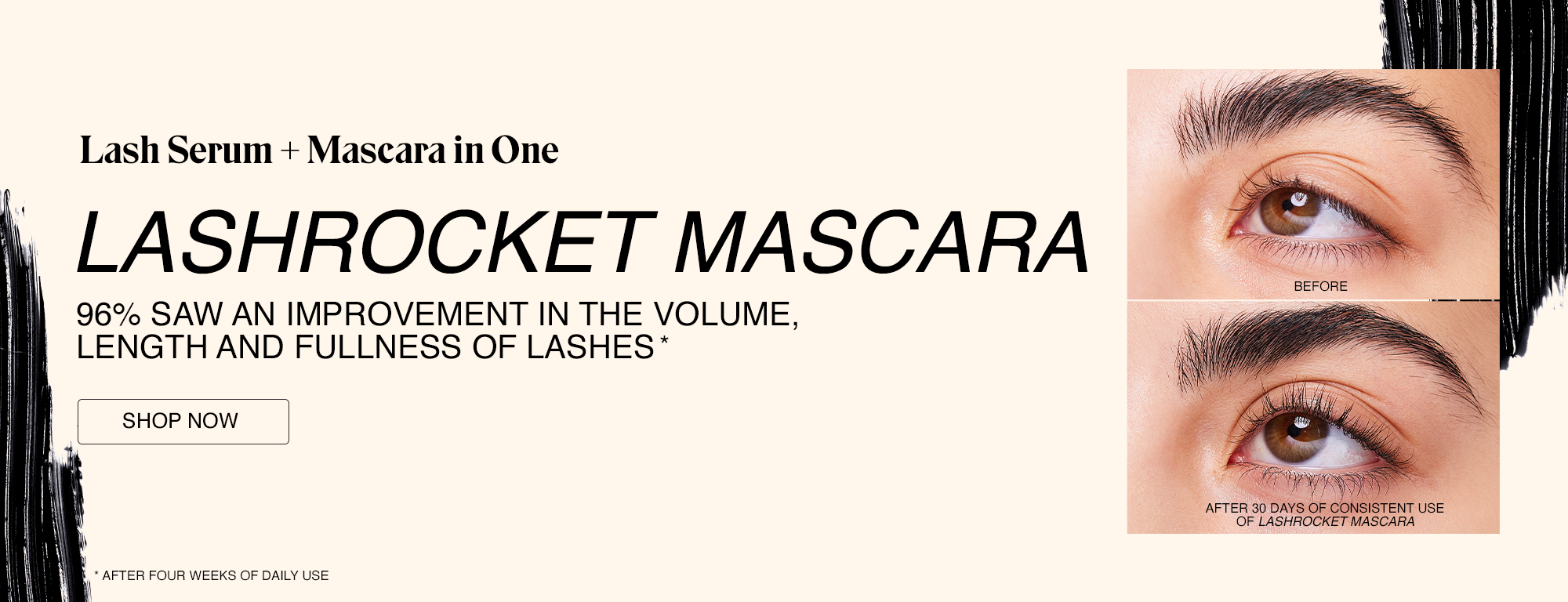 Advertisement showcasing LashRocket mascara, with before and after close-up images of an eye, highlighting volume, length, and fullness of eyelashes after 30 days of use.