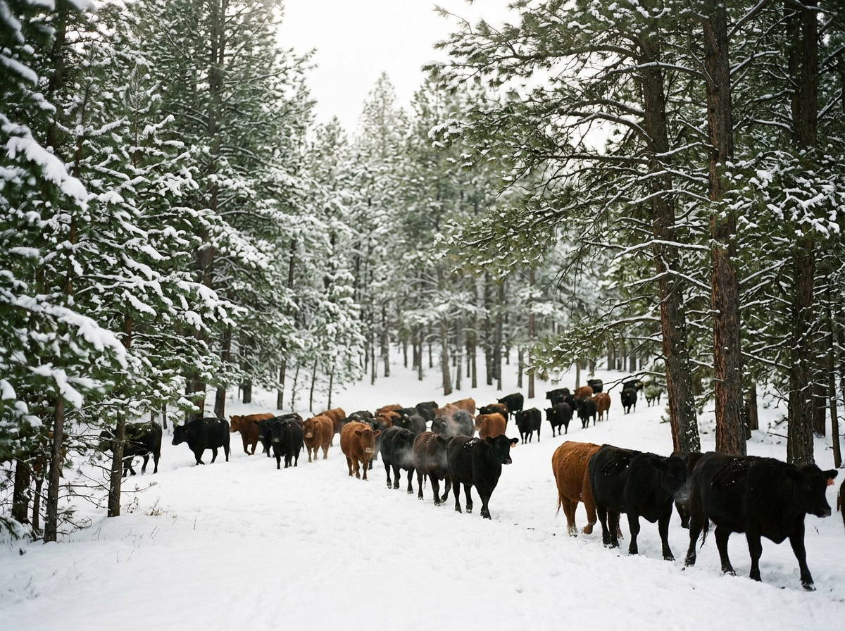 A herd of cows walking through a snow-covered forested area in winter.