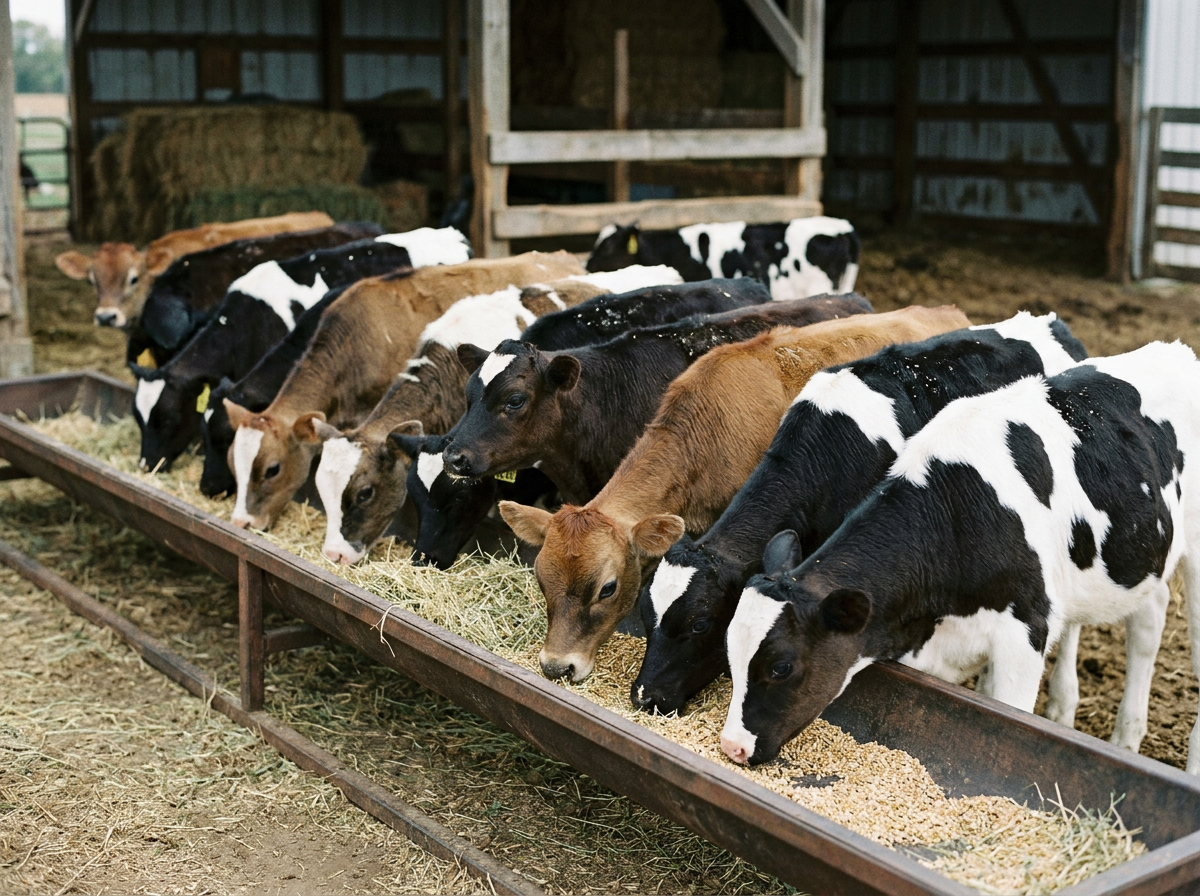 A group of calves of various breeds eating hay from a trough inside a barn or stable.