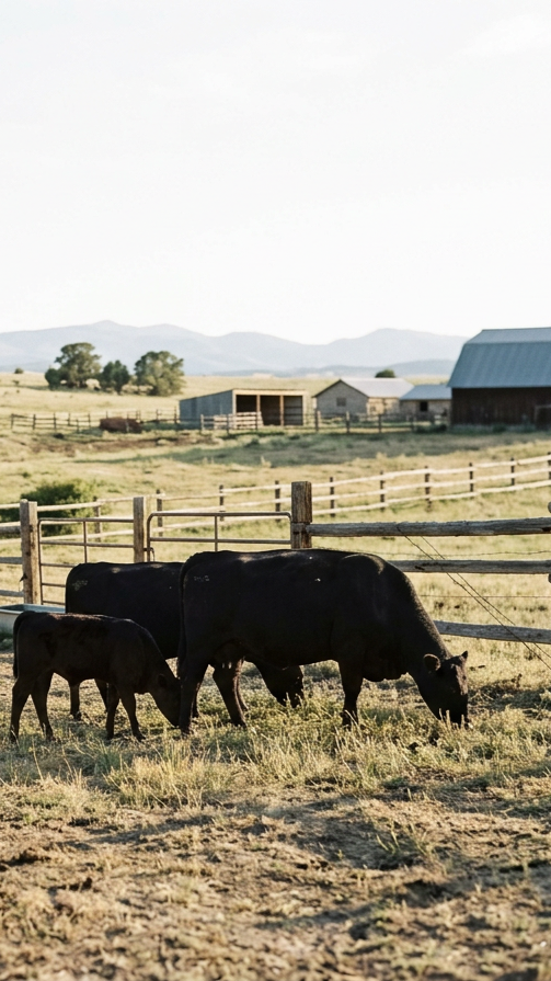 Three black cows grazing on grass in a farm with fencing, barns, and distant mountains under a clear sky.