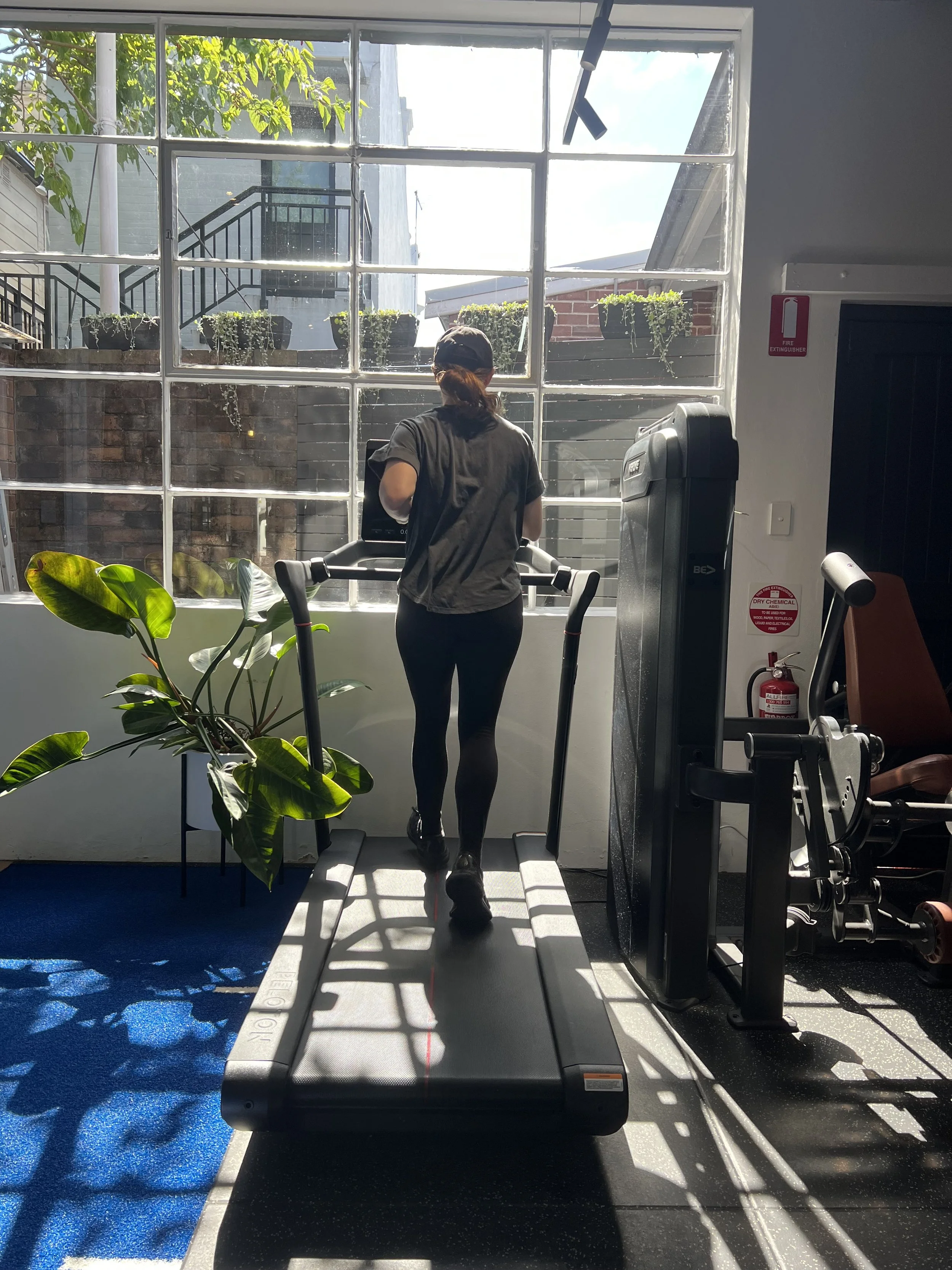 A person on a treadmill inside a gym, facing a large window showing an outdoor staircase, potted plants, and bright sunlight.
