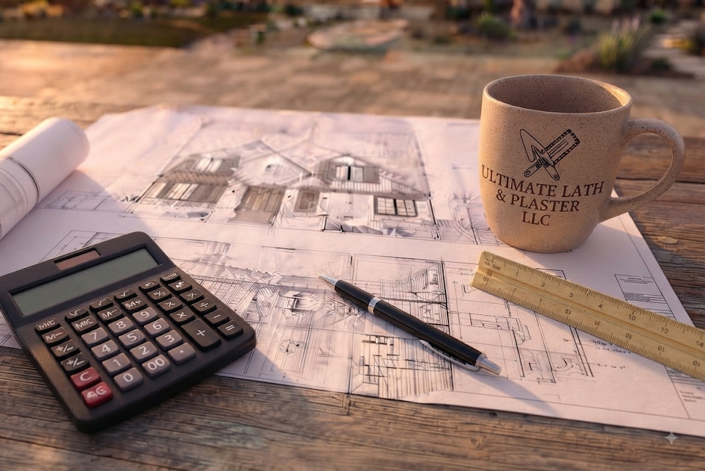 Blueprints of a house, calculator, pen, ruler, coffee mug, and a paper roll on a wooden surface outdoors.