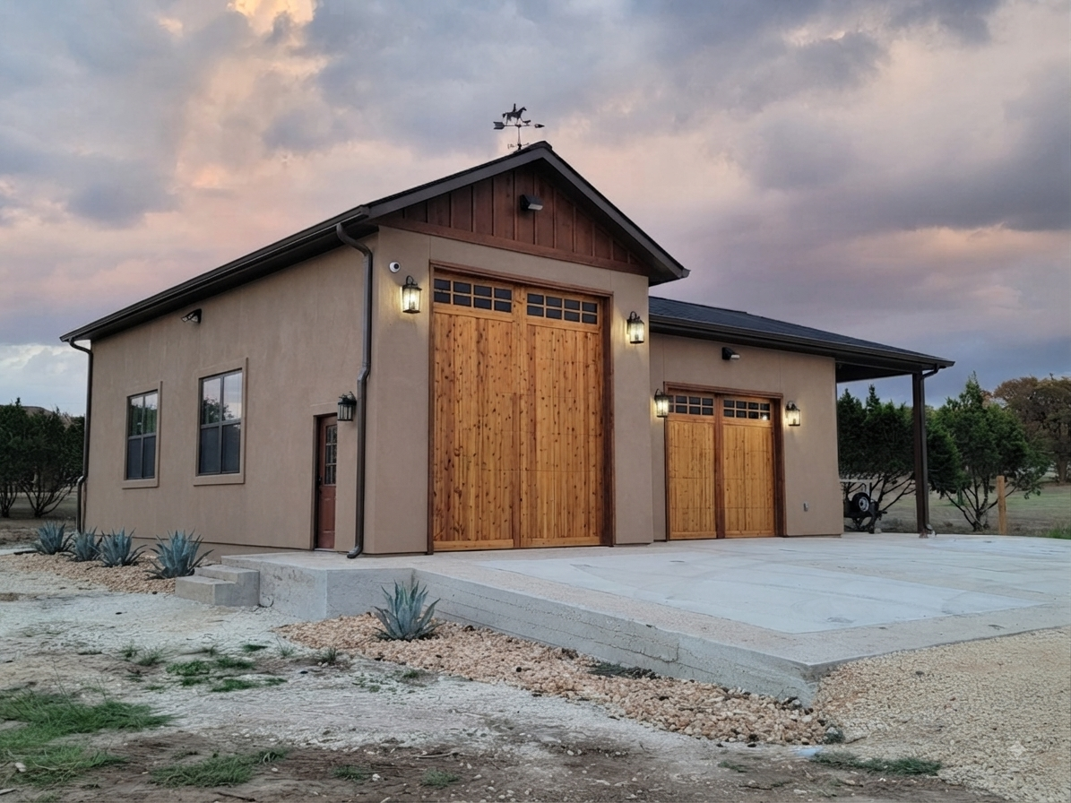 A modern building with a beige exterior, wooden doors, and multiple windows, surrounded by a concrete driveway and desert landscaping with small plants, under a cloudy sky at dusk.
