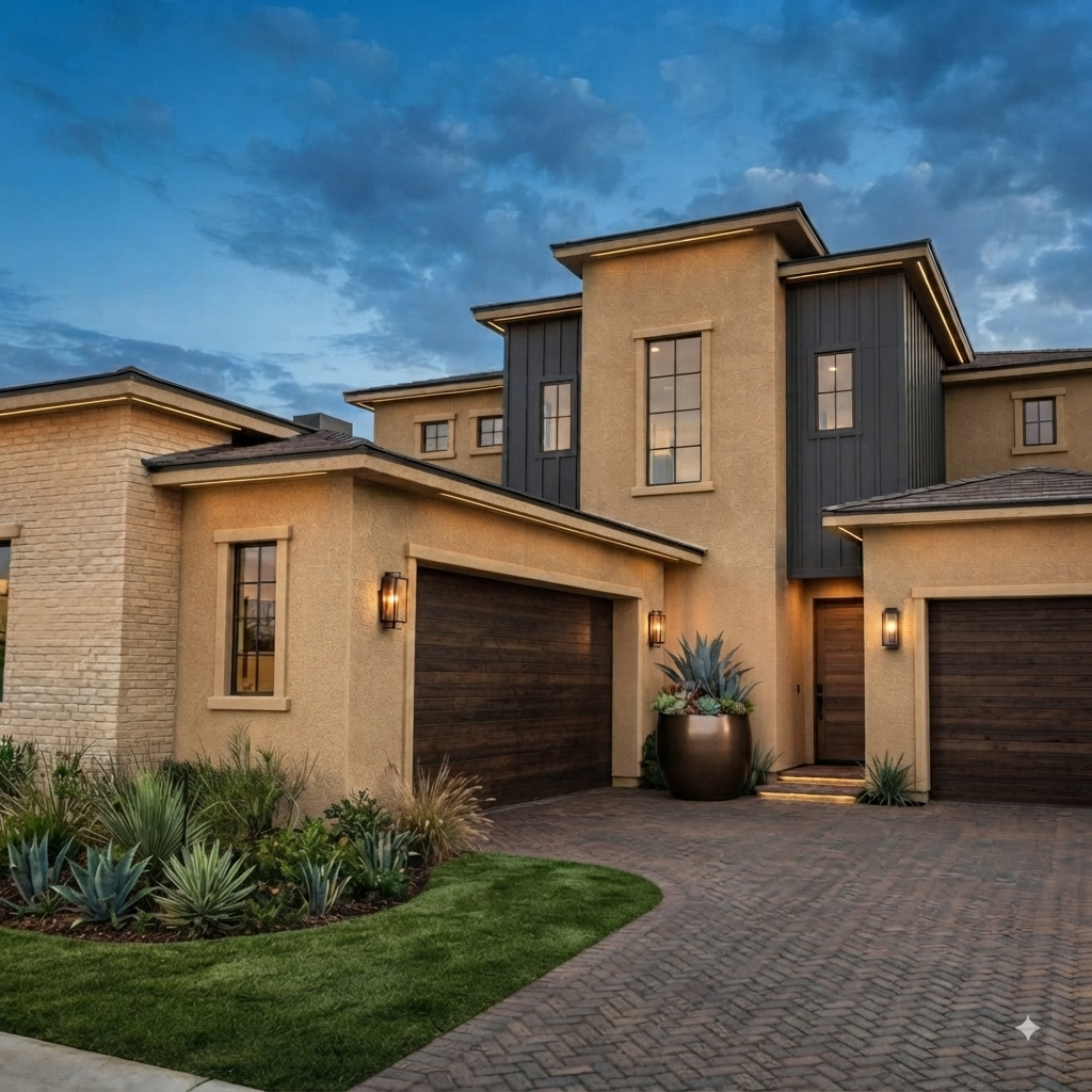 Modern two-story house with beige stucco and dark gray accents, garage doors, and a brick driveway at dusk, with landscaping and outdoor lighting.