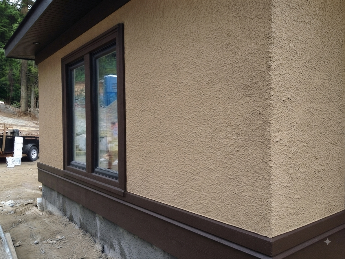 Exterior view of a house with beige textured stucco walls, dark brown window trim, and a built-in foundation vent, with construction materials and a truck nearby.