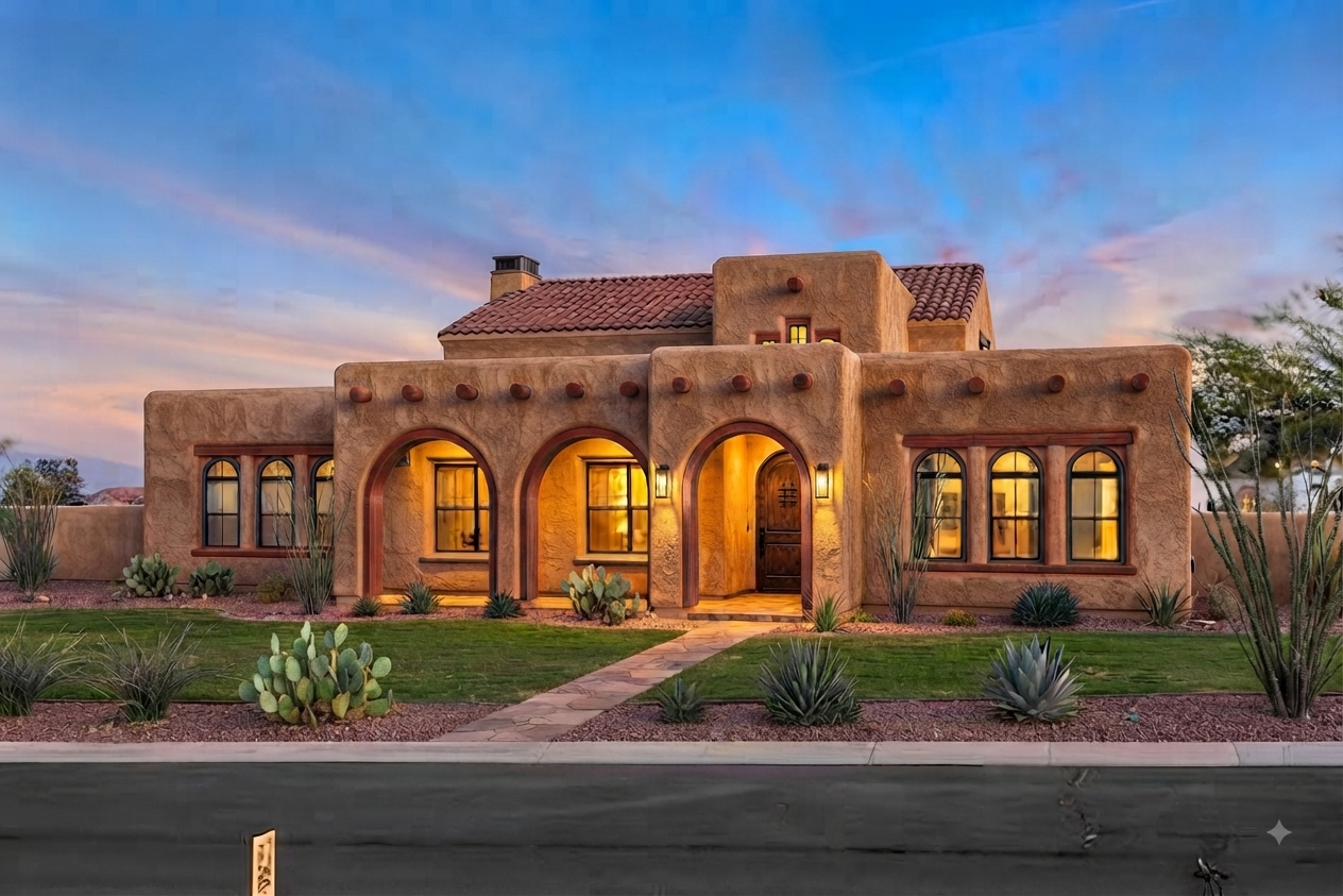 A southwestern style house with adobe walls, arched doorways, and a red tile roof during sunset, with desert landscaping including cacti and drought-tolerant plants in the front yard.