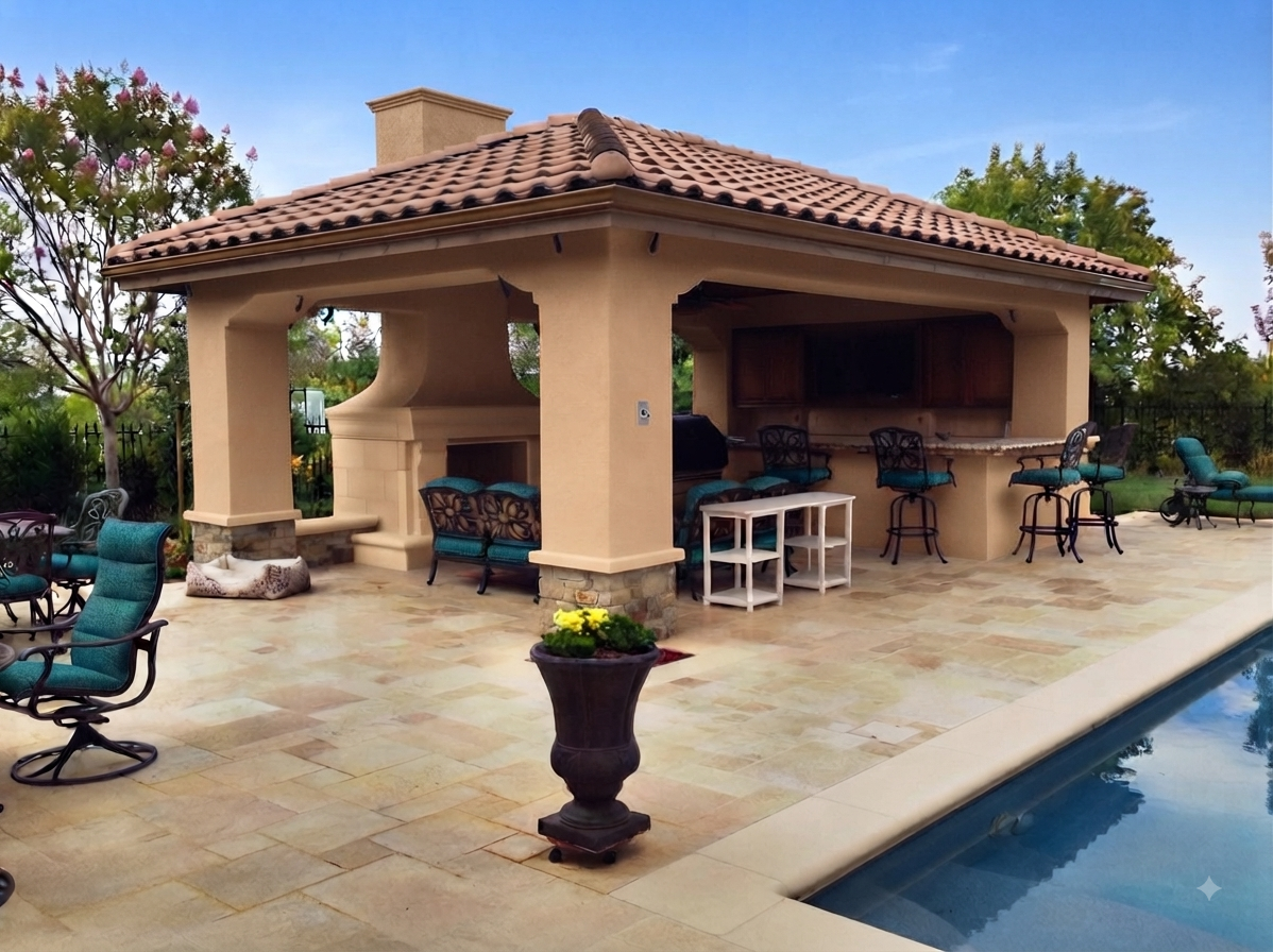 Outdoor pool area with a covered patio featuring bar chairs, a built-in fireplace, an outdoor kitchen with cabinets, and various seating options including cushioned chairs and lounge chairs. There are trees and plants in the background, and a blue pool in the foreground.