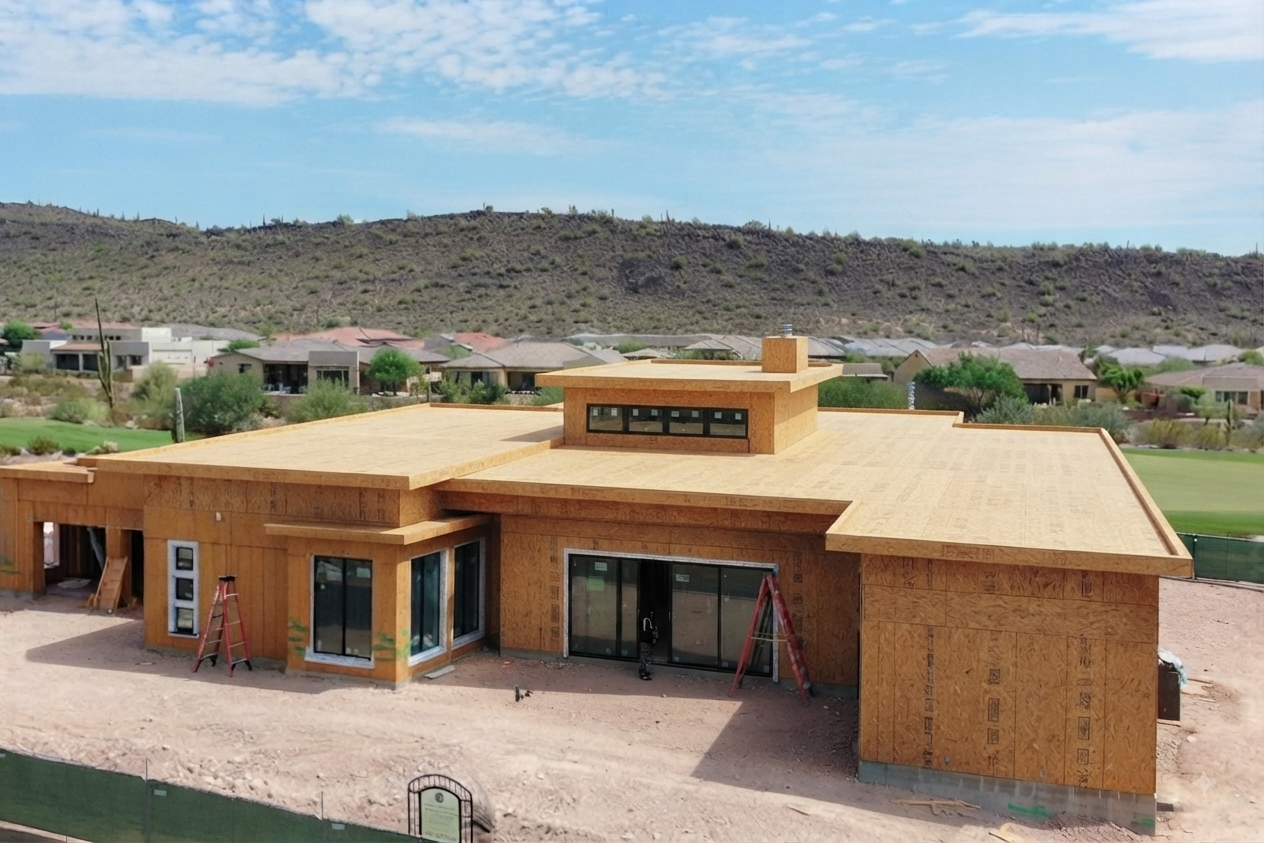Under construction modern house with wooden exterior, large sliding glass doors, and a flat roof with a small raised section. Construction ladders are visible, and the house is in a desert-like area with nearby houses and hills in the background.