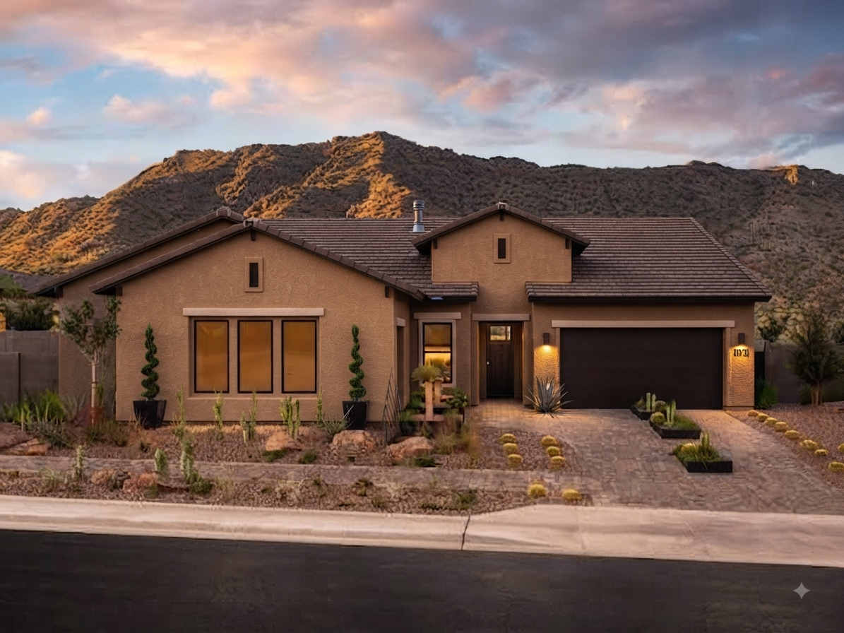 A modern single-story house with a dark garage door and front door, desert-style landscaping, potted plants, and mountains in the background at sunset.
