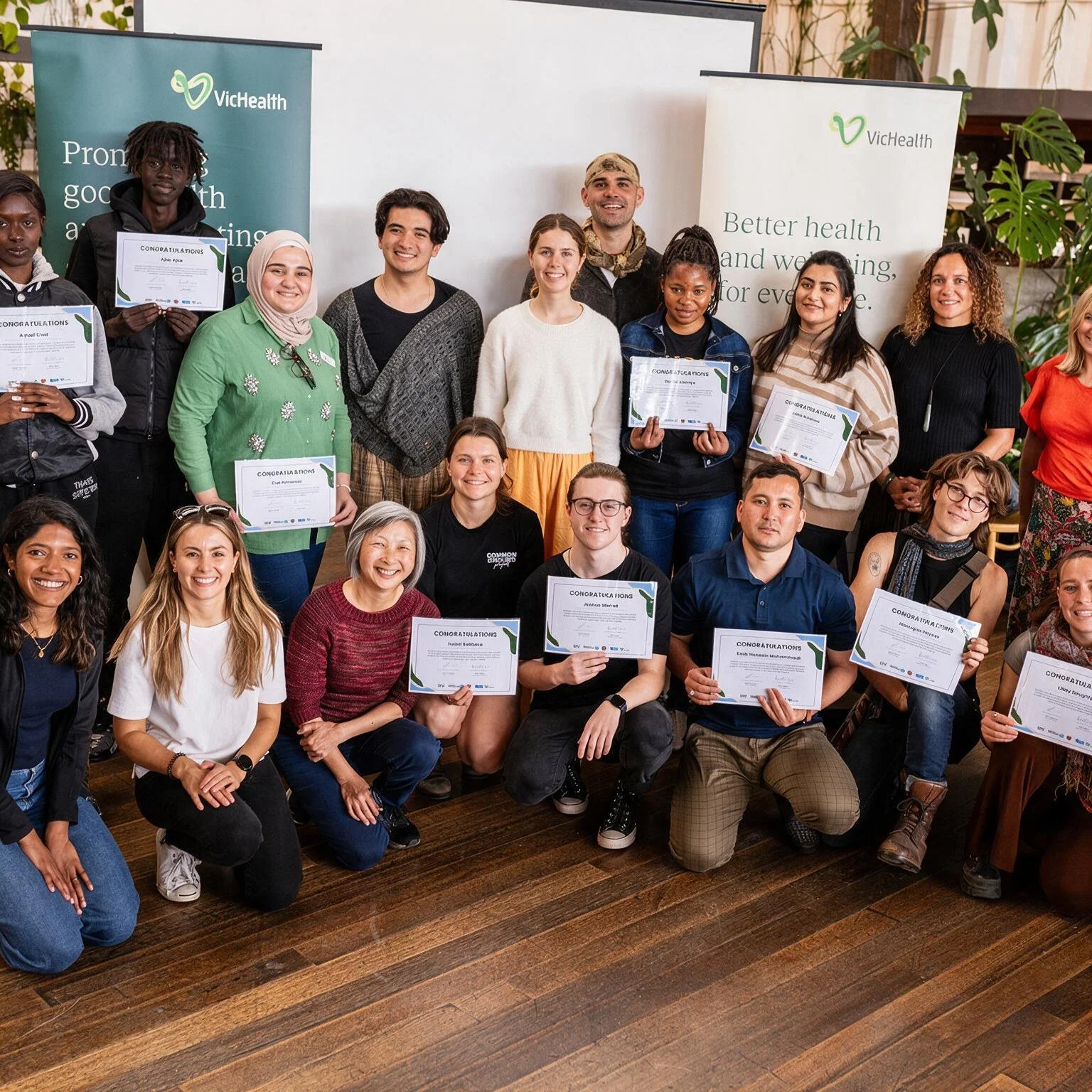 Group of diverse people at an award ceremony, some holding certificates, standing in front of banners that read 'VicHealth.' They are smiling and posing for the photo indoors on a wooden floor.