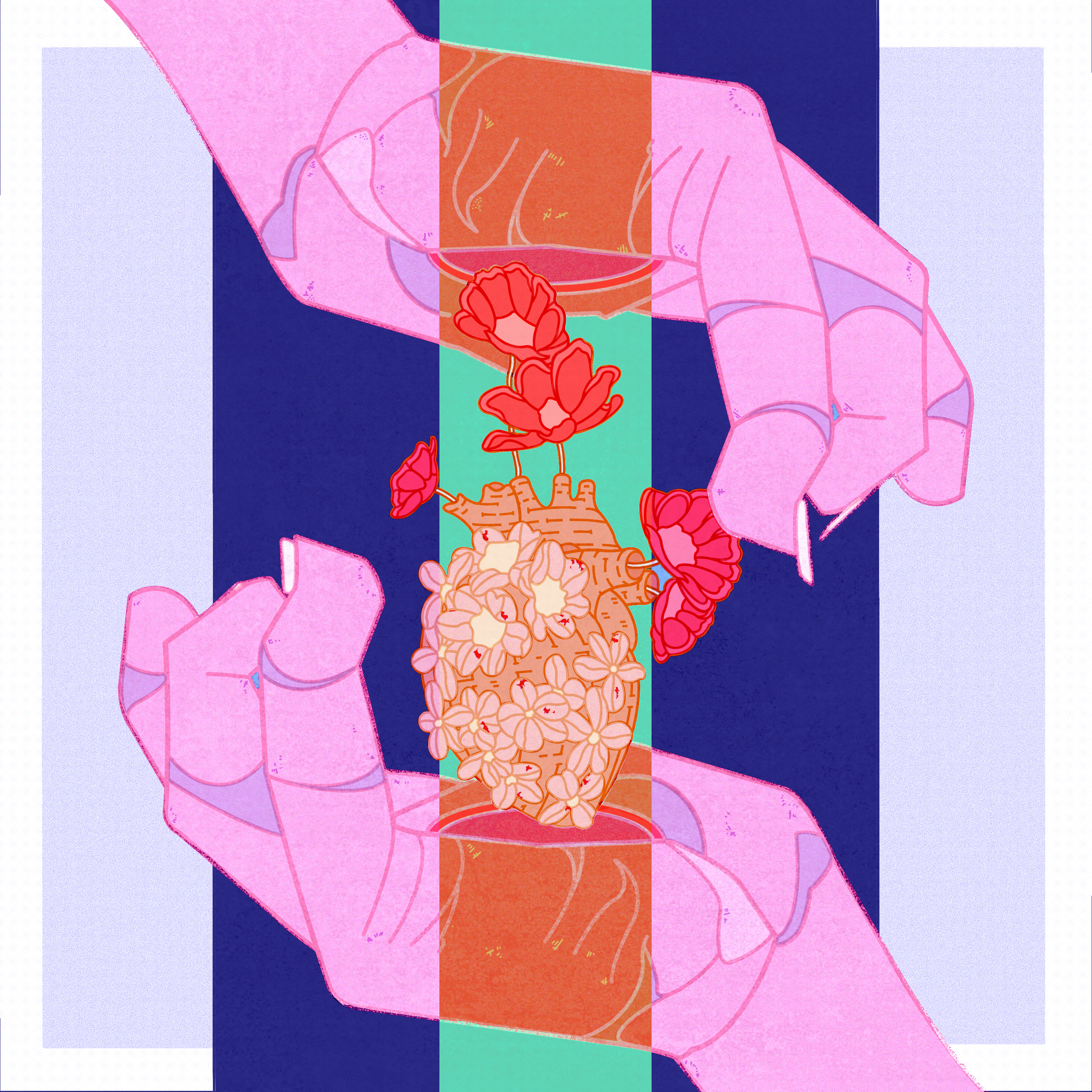 Abstract digital artwork with overlapping shapes and colors, including pink, purple, green, orange, and blue, arranged in a layered composition.