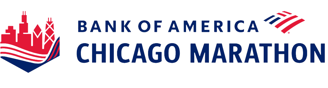 Logo for the Bank of America Chicago Marathon featuring a city skyline and an American flag motif.