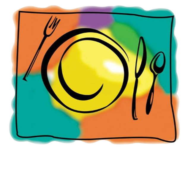 A colorful abstract illustration of a place setting with a plate, a spoon, a knife, and a fork on a multicolored background.