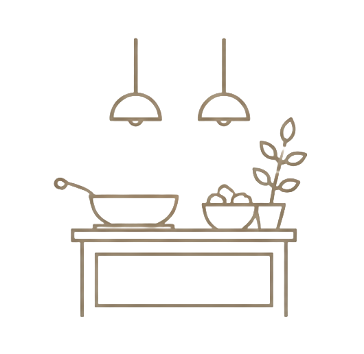 Illustration of a kitchen countertop with a frying pan, a small bowl, a potted plant, and a shelf with two hanging lamps.