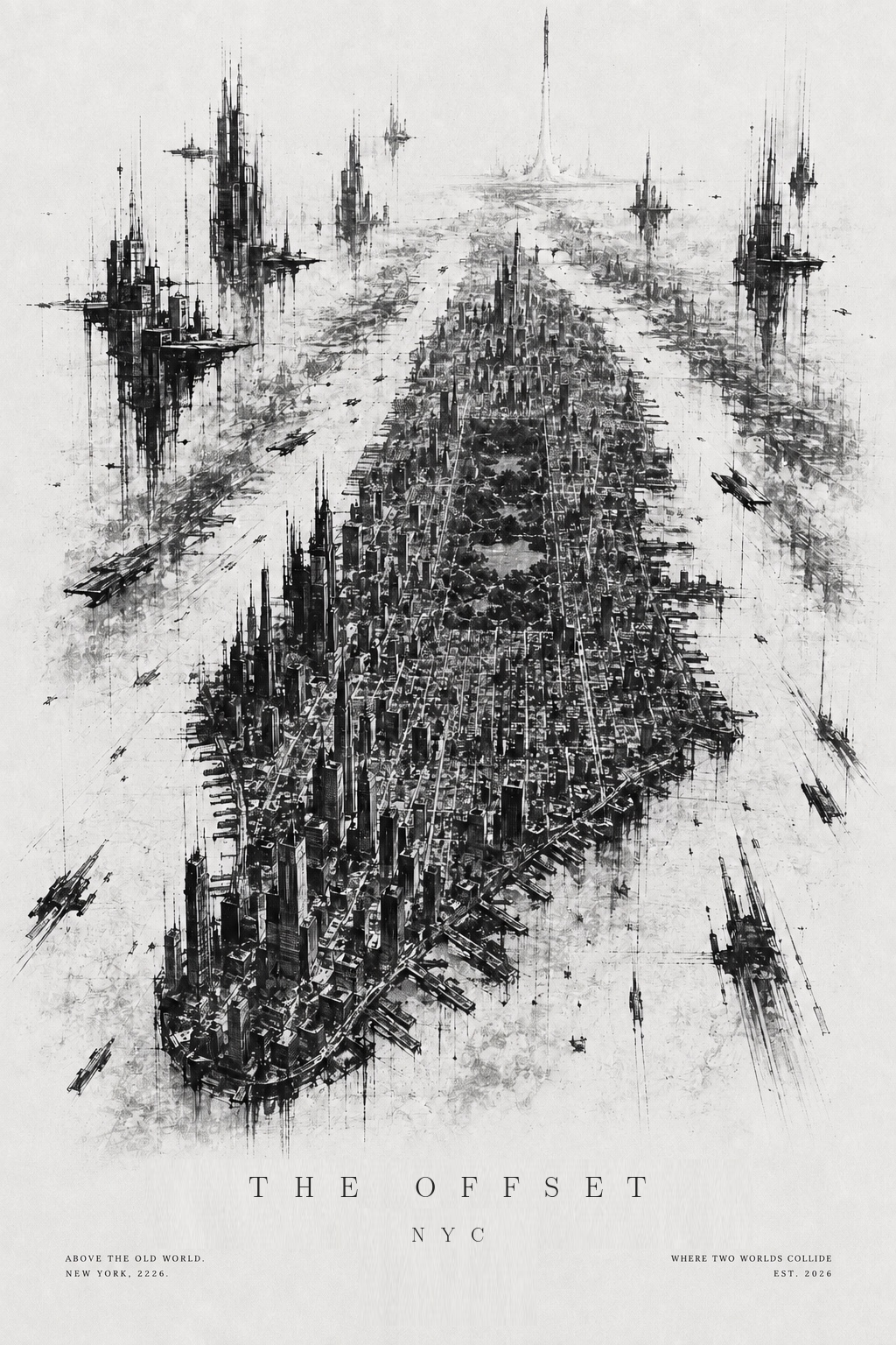 A black and white artistic rendering of NYC with towering skyscrapers, streets, and helicopters in the sky, titled 'The Offset.'