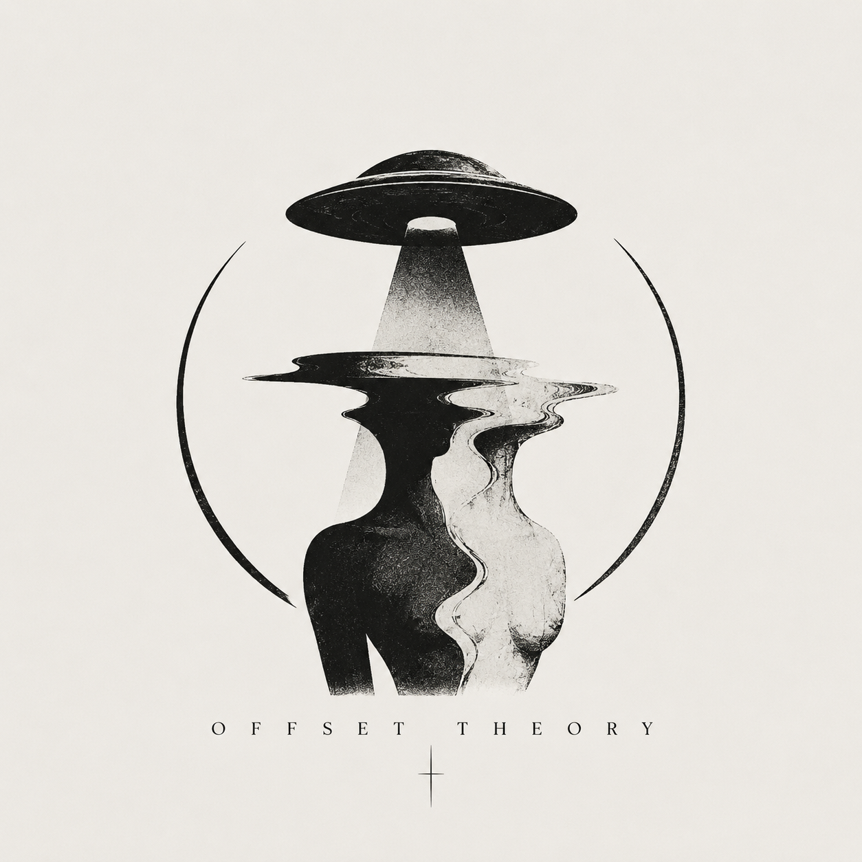 Abstract black and white artwork depicting a woman with her head replaced by a UFO emitting a beam of light above a distorted reflection of her body with wavy lines, surrounded by a circle, with the text 'Offset Theory' at the bottom.