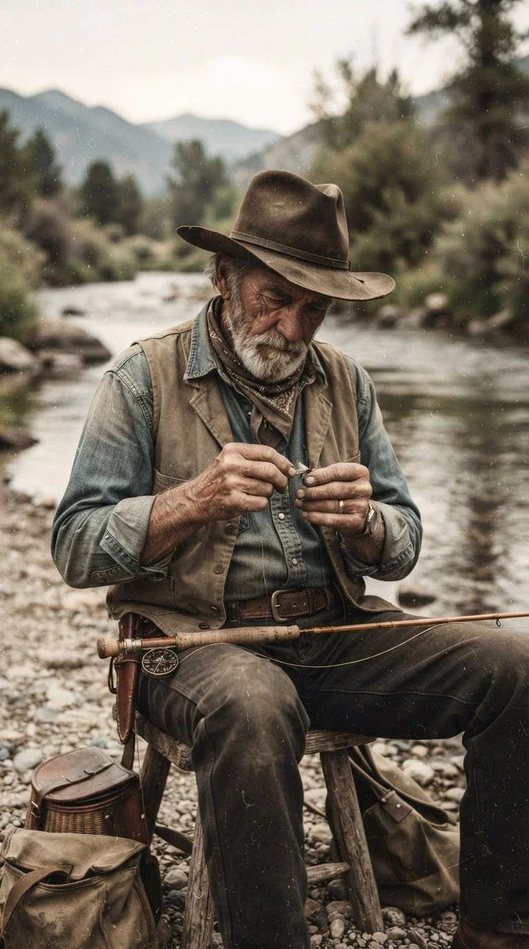 Photo of an older cowboy tying a fly onto his fly line to fish on the side of a stream.