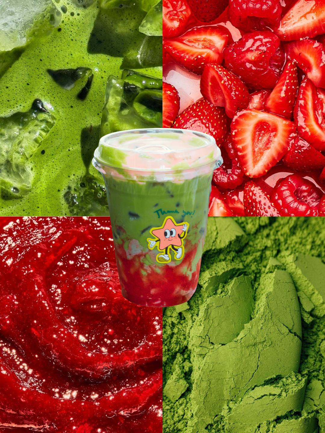 A collage featuring a green matcha drink with ice, fresh strawberry halves, a swirl of red fruit syrup, a green matcha powder, and a cup of matcha layered with strawberry syrup.