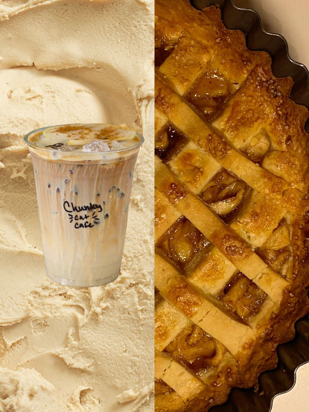 A tub of vanilla ice cream with a glass of iced coffee with cream, alongside a baked apple pie with a lattice crust.