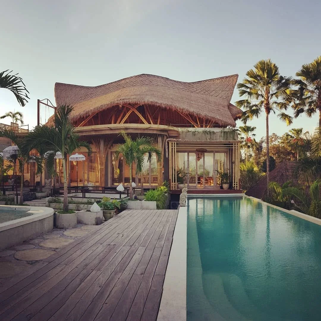 Tropical house with thatched roof, surrounded by palm trees, with an infinity pool in the foreground, during sunset.